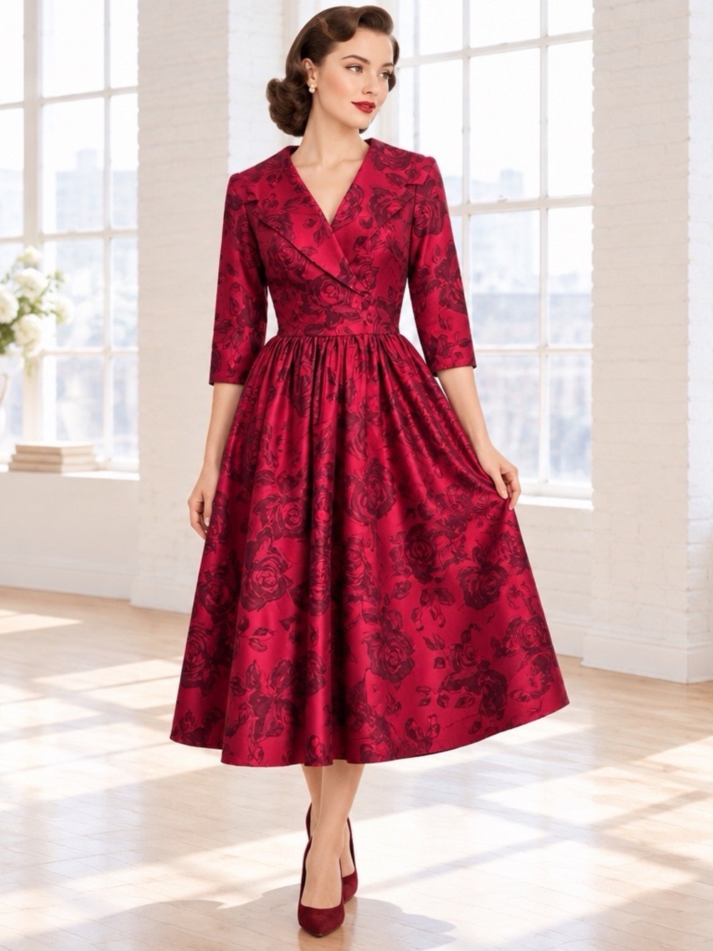 Pinup Couture Red Floral Satin Fit & Flare Midi Dress Small Made in USA